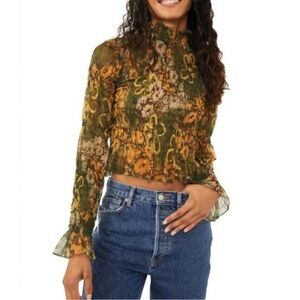 FREE PEOPLE Hello There Sheer Floral Smocked Top Forest Combo